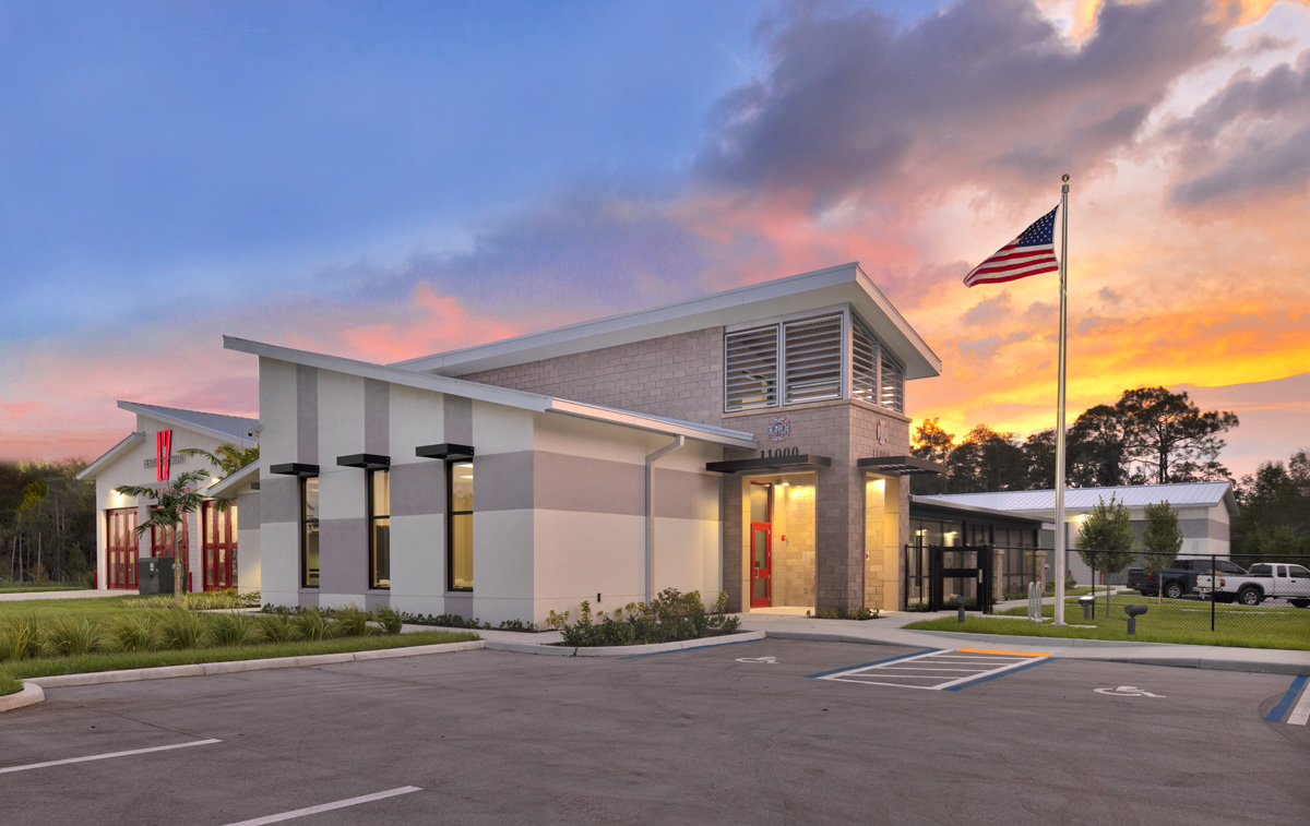 Architectural dusk view of the Fire and Rescue Station 17 Fort Myers, FL.